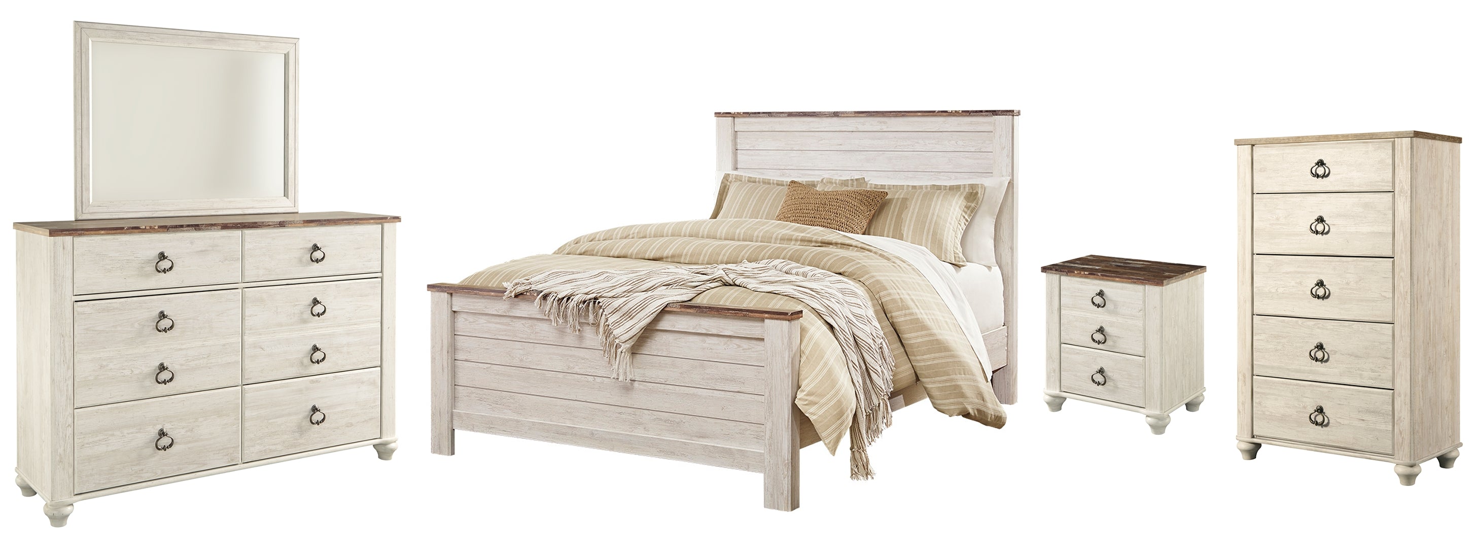 Willowton Queen Panel Bed with Mirrored Dresser, Chest and Nightstand