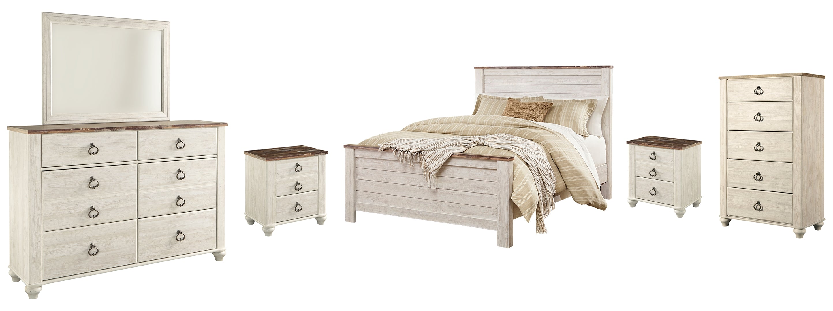 Willowton Queen Panel Bed with Mirrored Dresser, Chest and 2 Nightstands