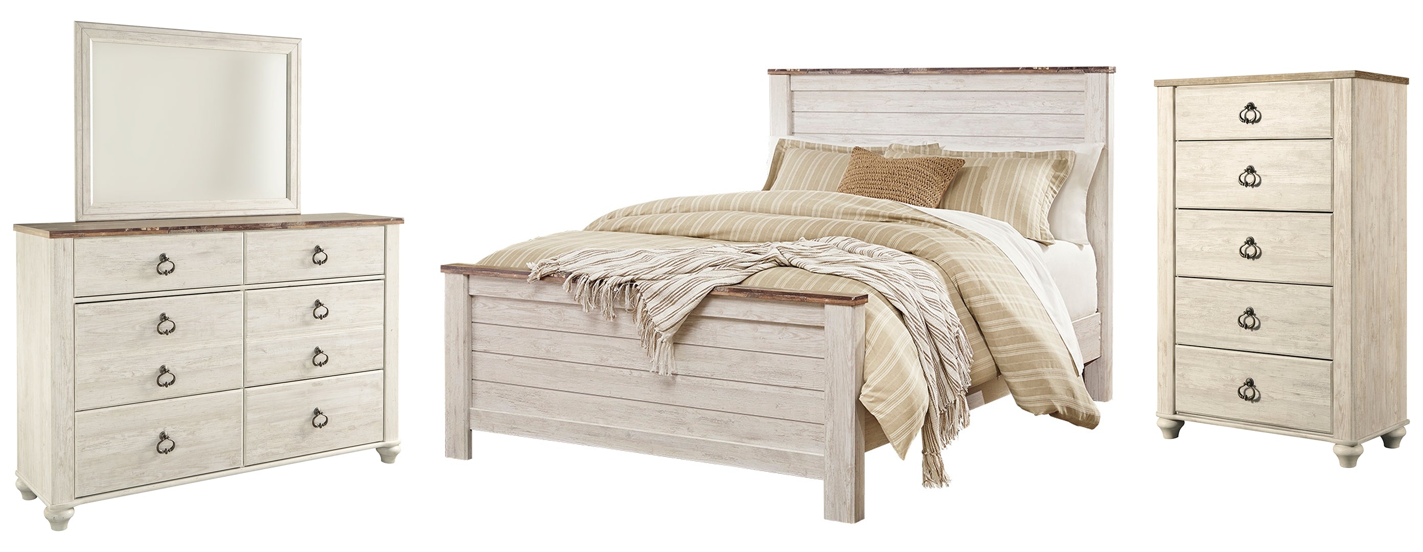 Willowton Queen Panel Bed with Mirrored Dresser and Chest