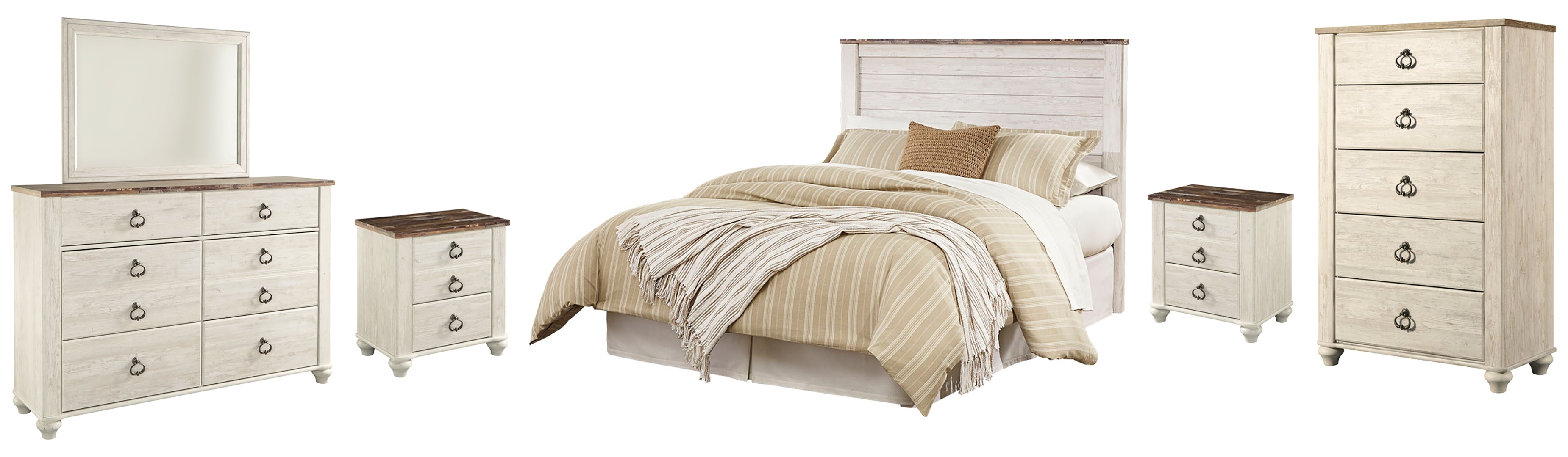 Willowton Queen/Full Panel Headboard Bed with Mirrored Dresser, Chest and 2 Nightstands