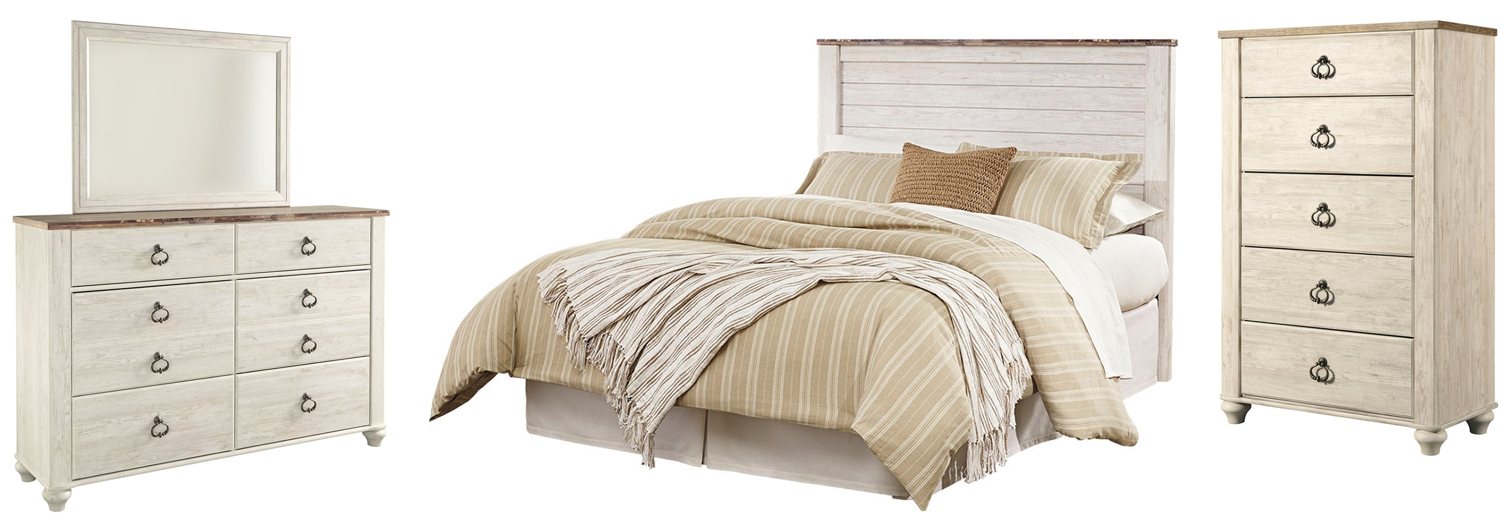 Willowton Queen/Full Panel Headboard Bed with Mirrored Dresser and Chest