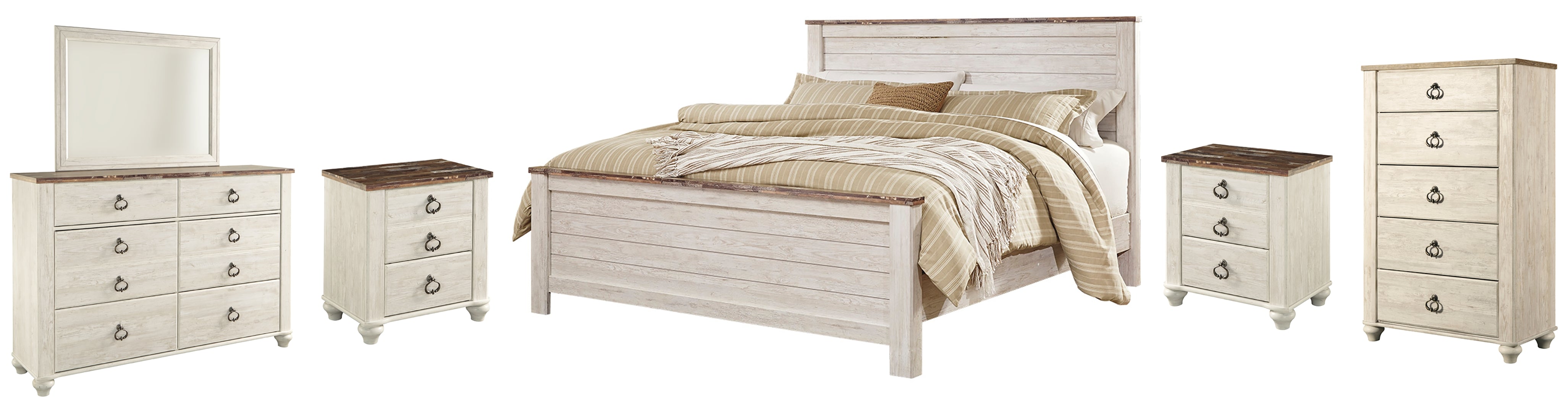 Willowton King Panel Bed with Mirrored Dresser, Chest and 2 Nightstands