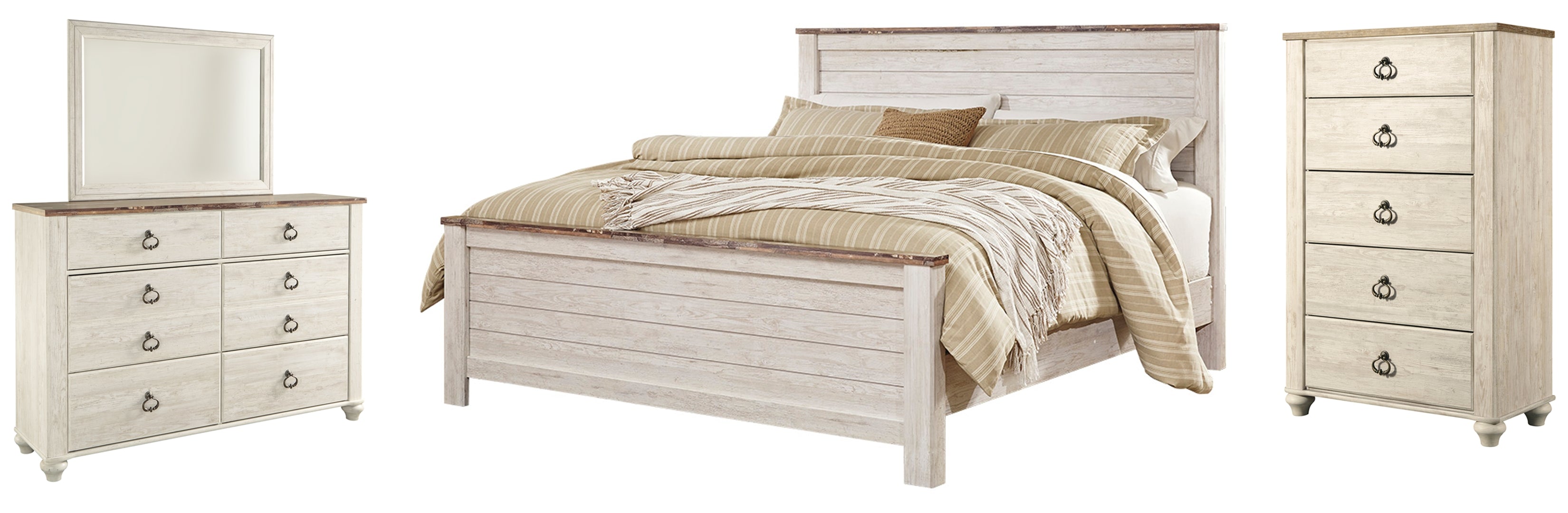 Willowton King Panel Bed with Mirrored Dresser and Chest