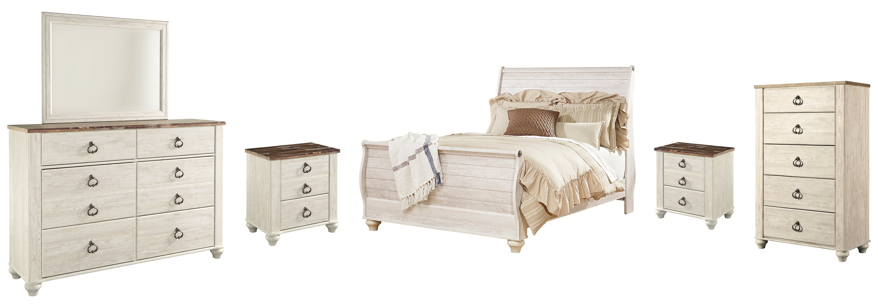 Willowton Queen Sleigh Bed with Mirrored Dresser, Chest and 2 Nightstands