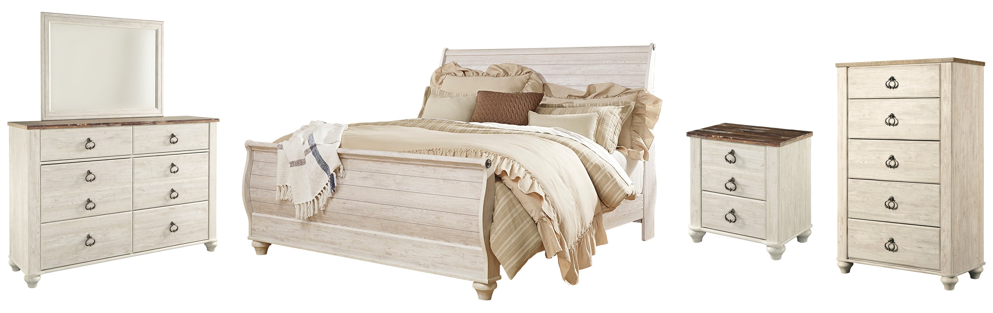 Willowton King Sleigh Bed with Mirrored Dresser, Chest and Nightstand