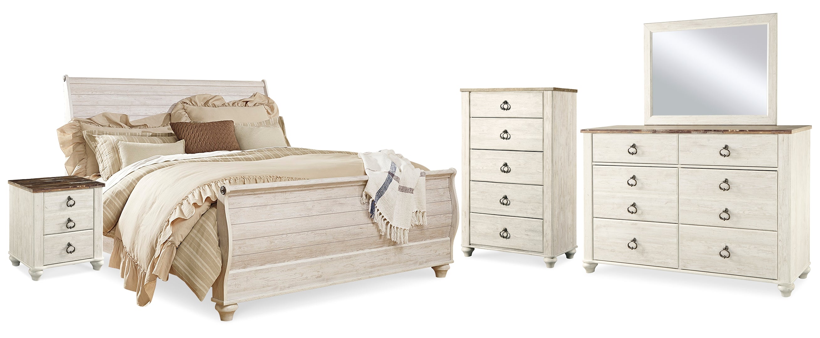 Willowton King Sleigh Bed with Mirrored Dresser, Chest and 2 Nightstands