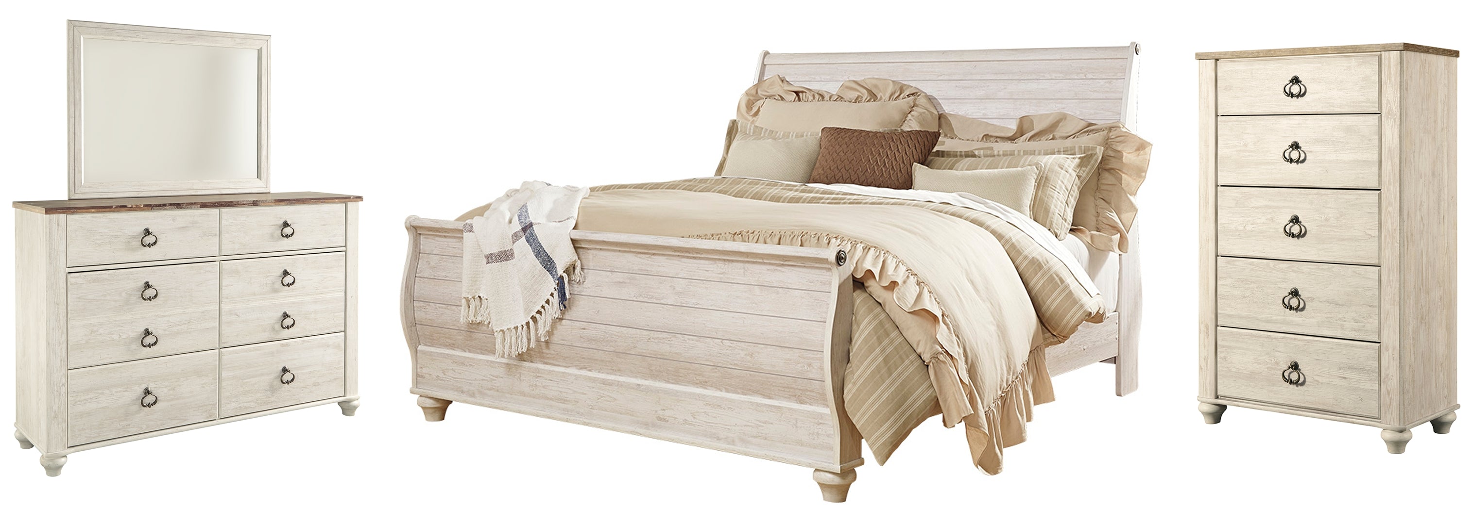 Willowton King Sleigh Bed with Mirrored Dresser and Chest