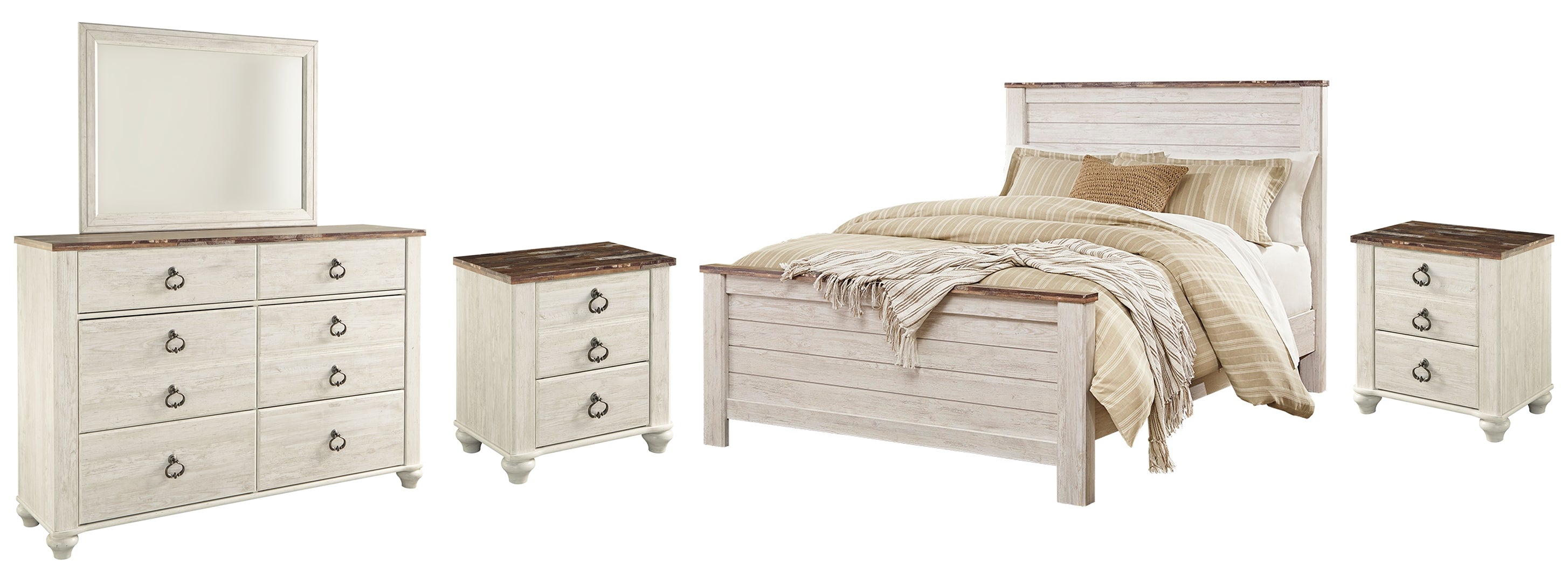 Willowton Queen Panel Bed with Mirrored Dresser and 2 Nightstands