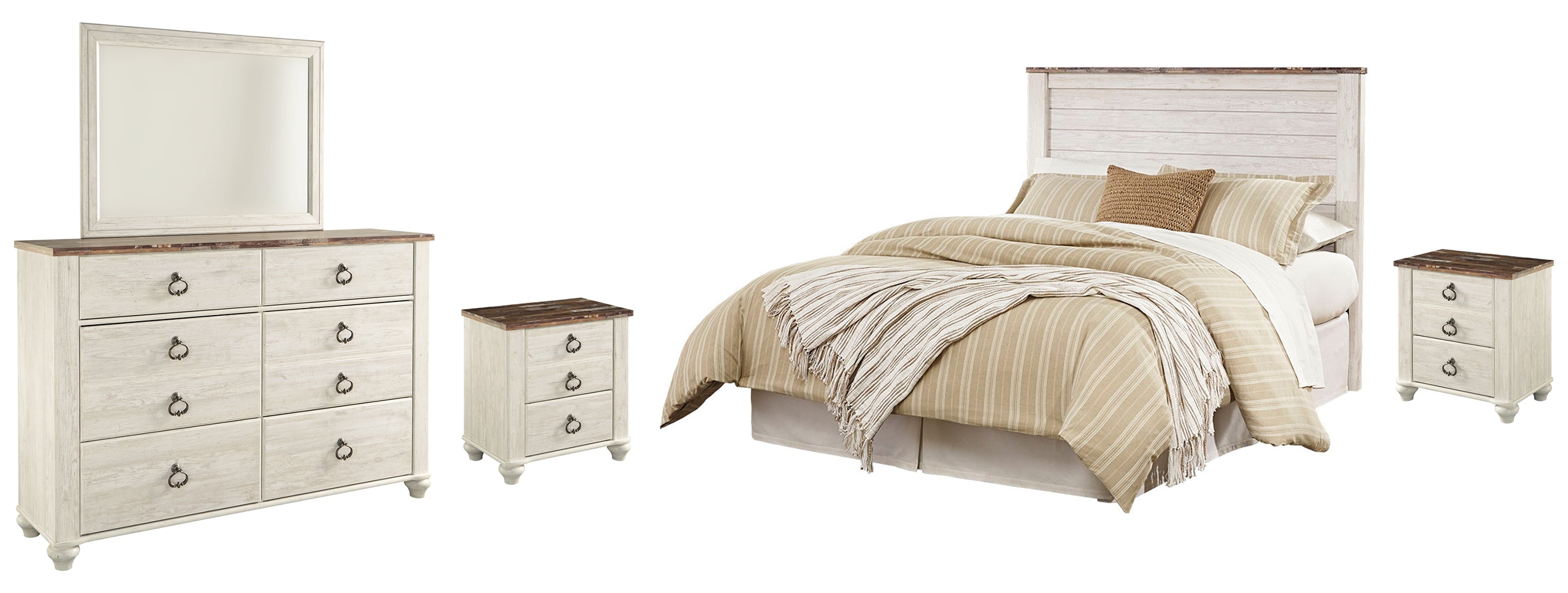 Willowton Queen/Full Panel Headboard Bed with Mirrored Dresser and 2 Nightstands