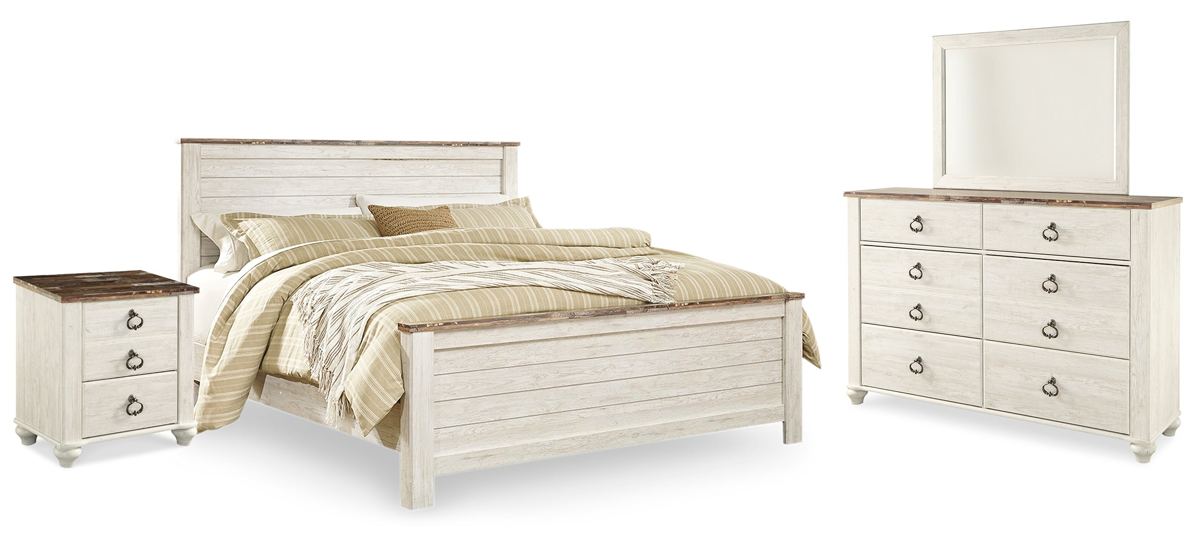 Willowton King Panel Bed with Mirrored Dresser and Nightstand