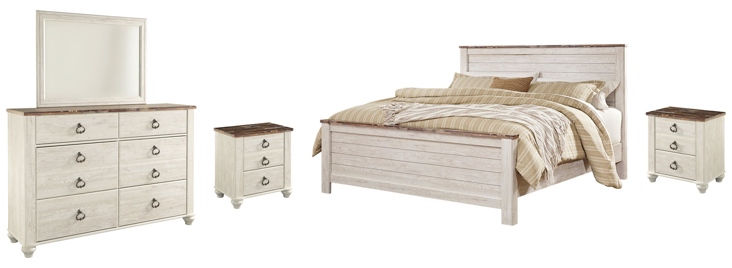 Willowton King Panel Bed with Mirrored Dresser and 2 Nightstands