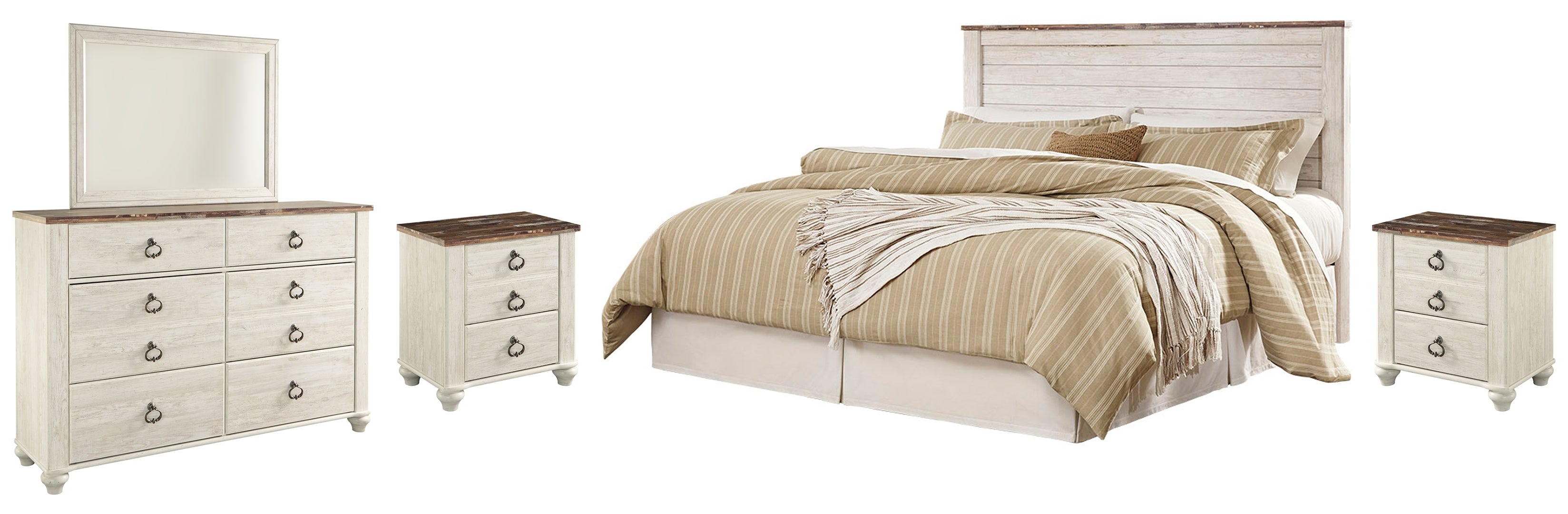 Willowton King/California King Panel Headboard Bed with Mirrored Dresser and 2 Nightstands