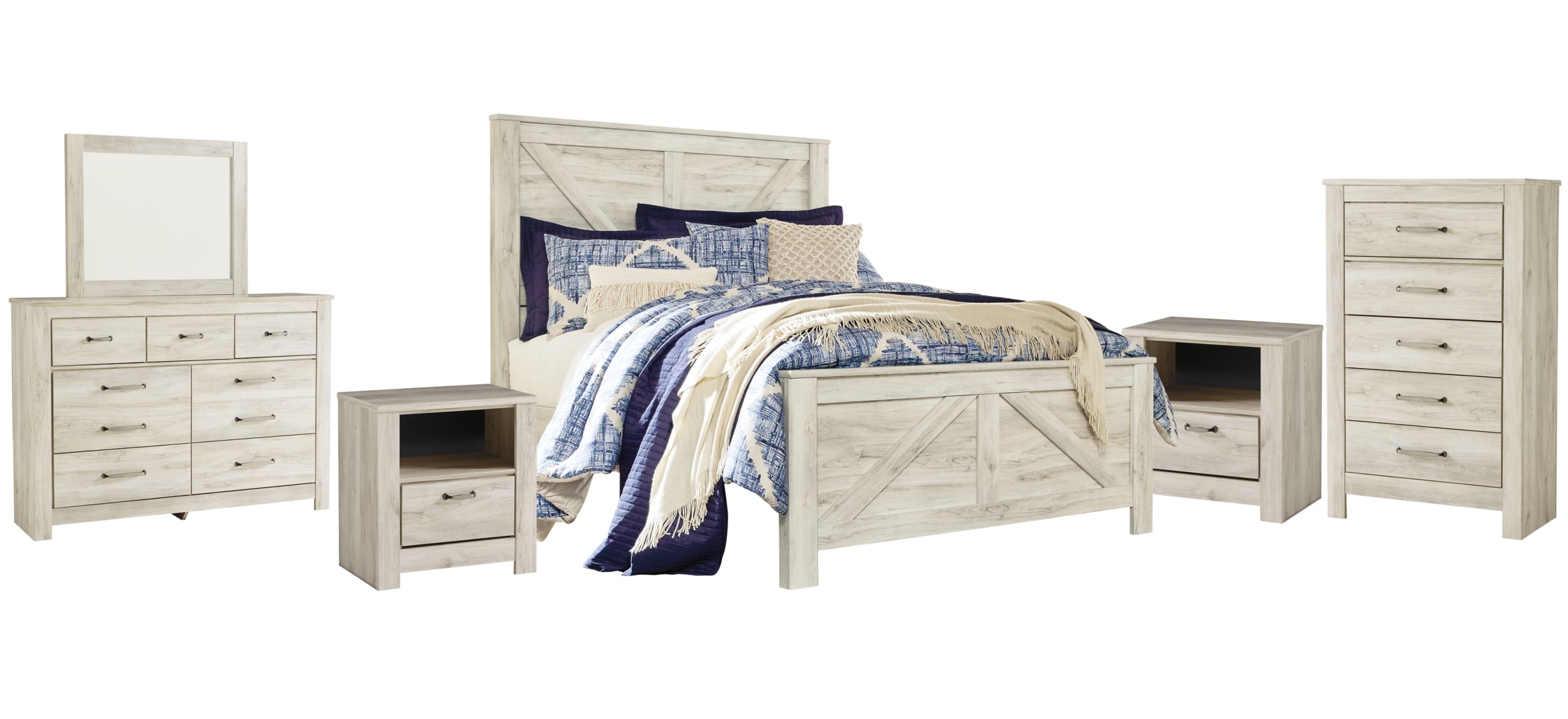 Bellaby Queen Crossbuck Panel Bed with Mirrored Dresser, Chest and 2 Nightstands