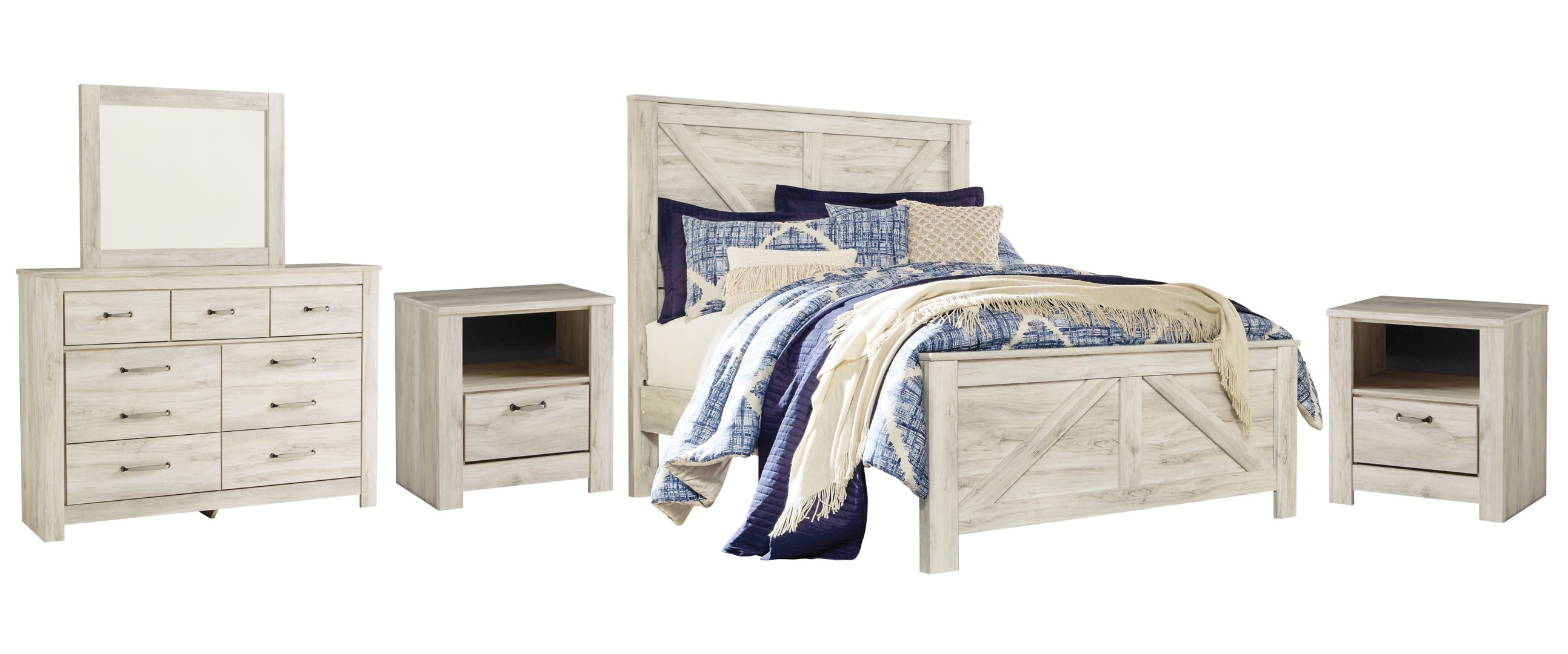 Bellaby Queen Crossbuck Panel Bed with Mirrored Dresser and 2 Nightstands