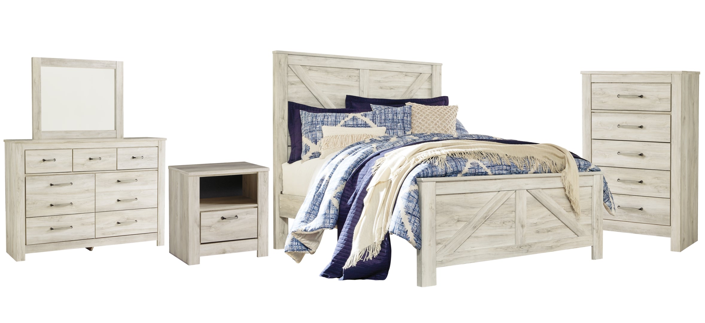 Bellaby Queen Crossbuck Panel Bed with Mirrored Dresser, Chest and Nightstand