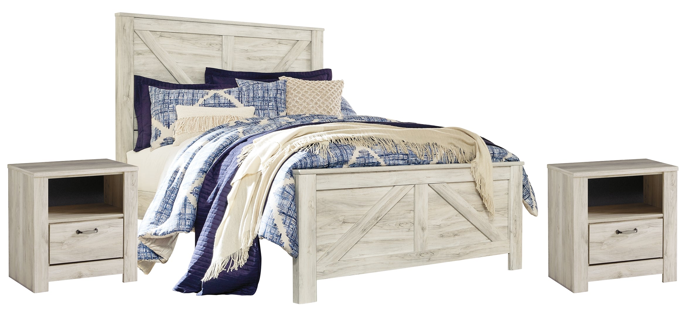 Bellaby Queen Crossbuck Panel Bed with 2 Nightstands