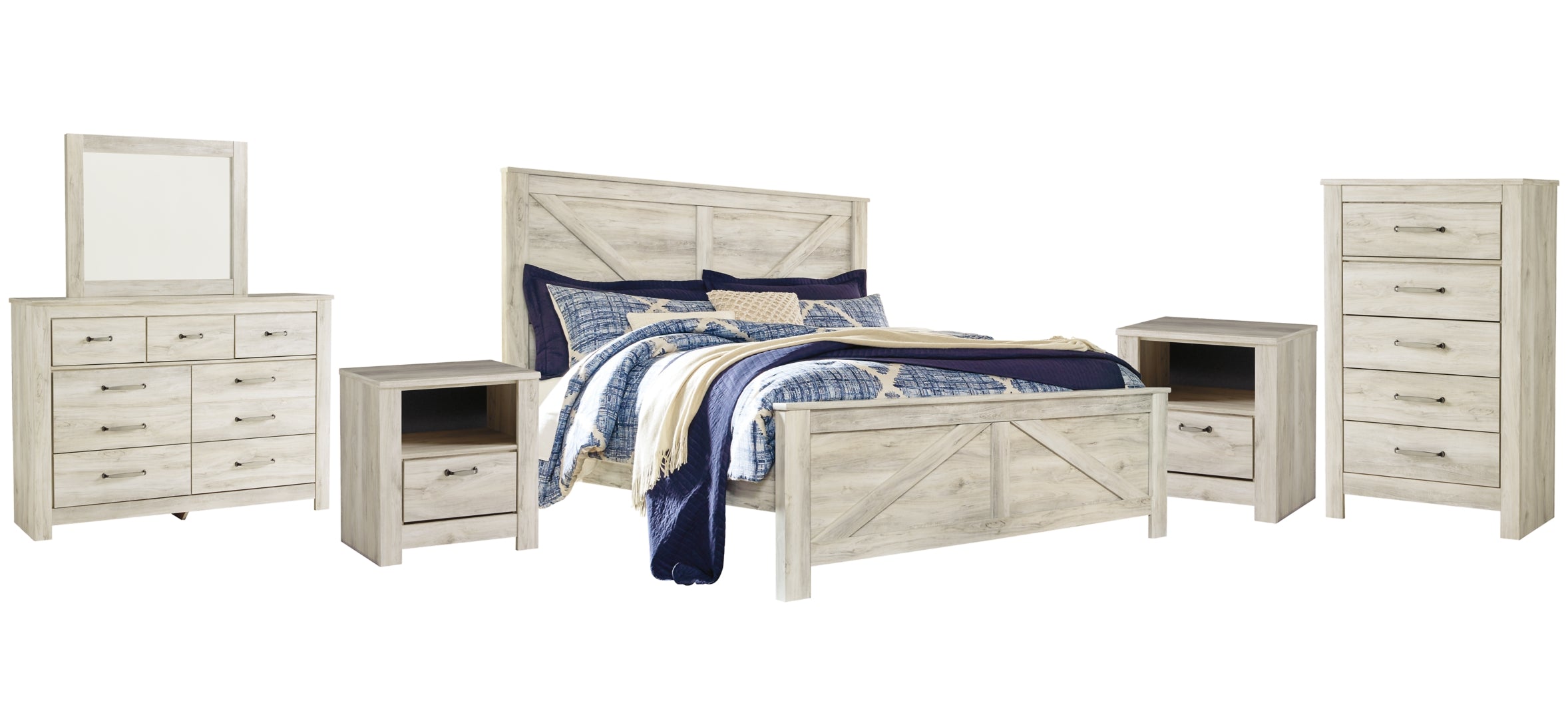 Bellaby King Crossbuck Panel Bed with Mirrored Dresser, Chest and 2 Nightstands