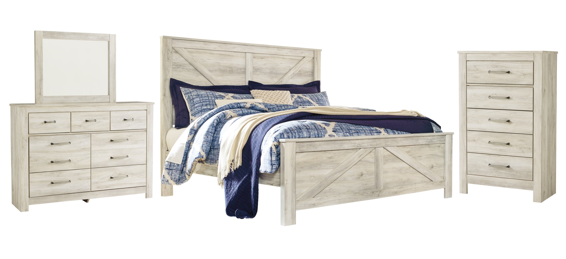 Bellaby King Crossbuck Panel Bed with Mirrored Dresser and Chest