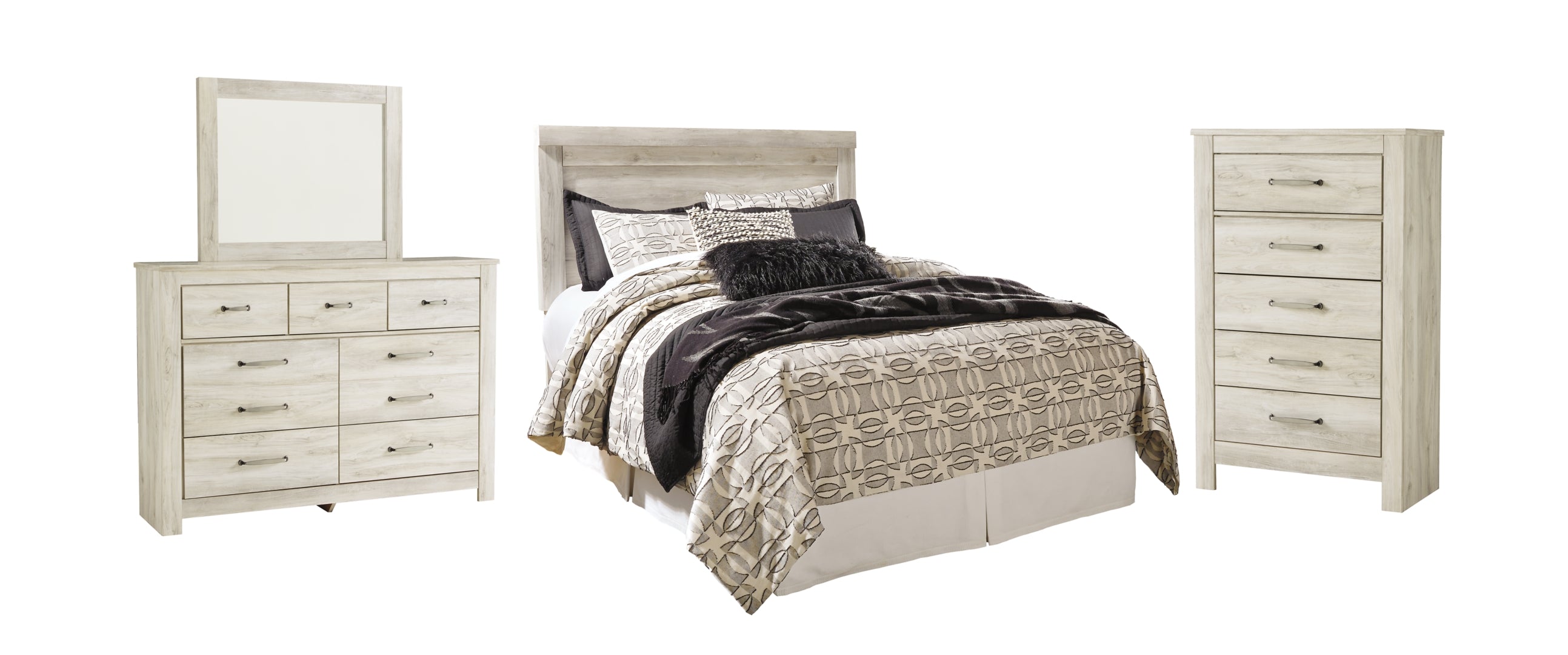 Bellaby Queen Panel Headboard Bed with Mirrored Dresser and Chest