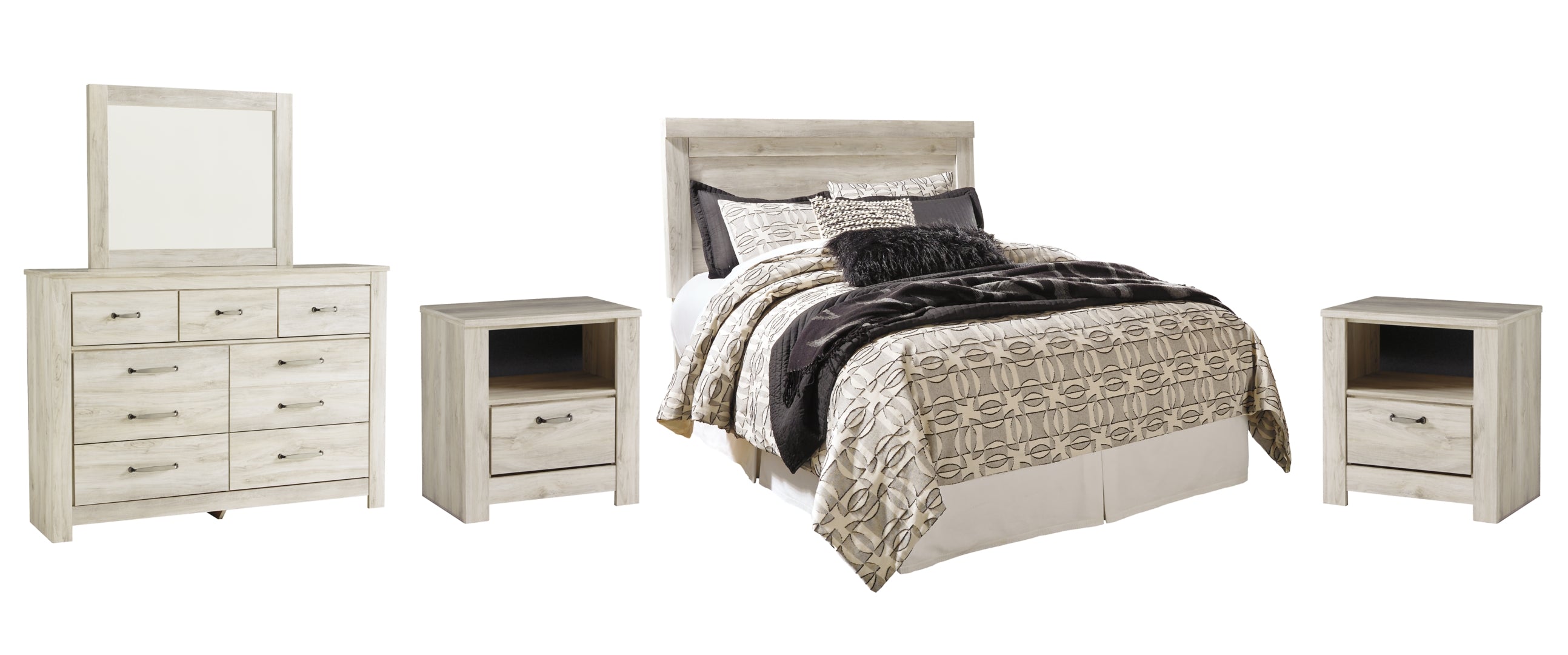 Bellaby Queen Panel Headboard Bed with Mirrored Dresser and 2 Nightstands