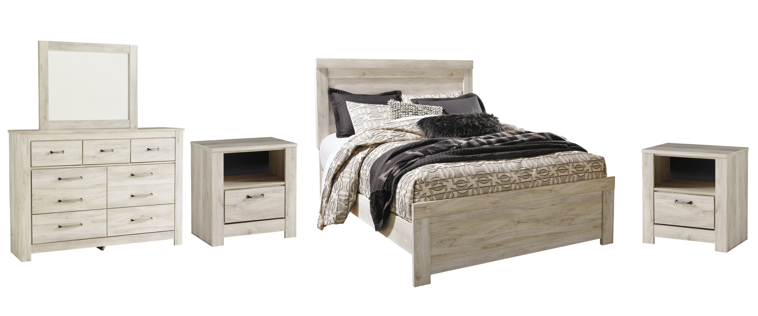 Bellaby Queen Panel Bed with Mirrored Dresser and 2 Nightstands