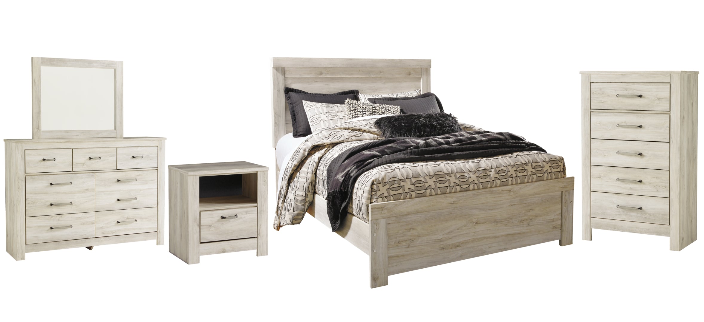 Bellaby Queen Panel Bed with Mirrored Dresser, Chest and Nightstand