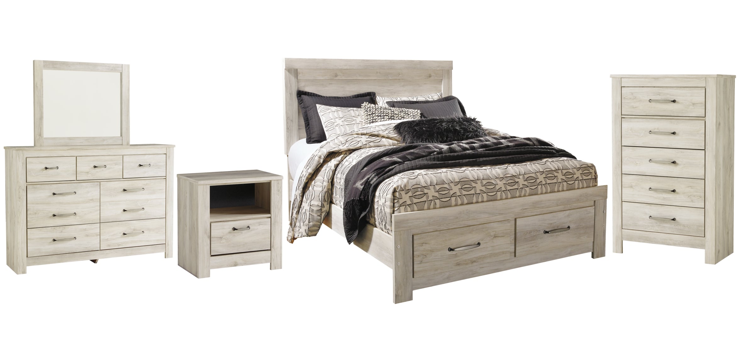 Bellaby Queen Platform Bed with 2 Storage Drawers with Mirrored Dresser, Chest and Nightstand