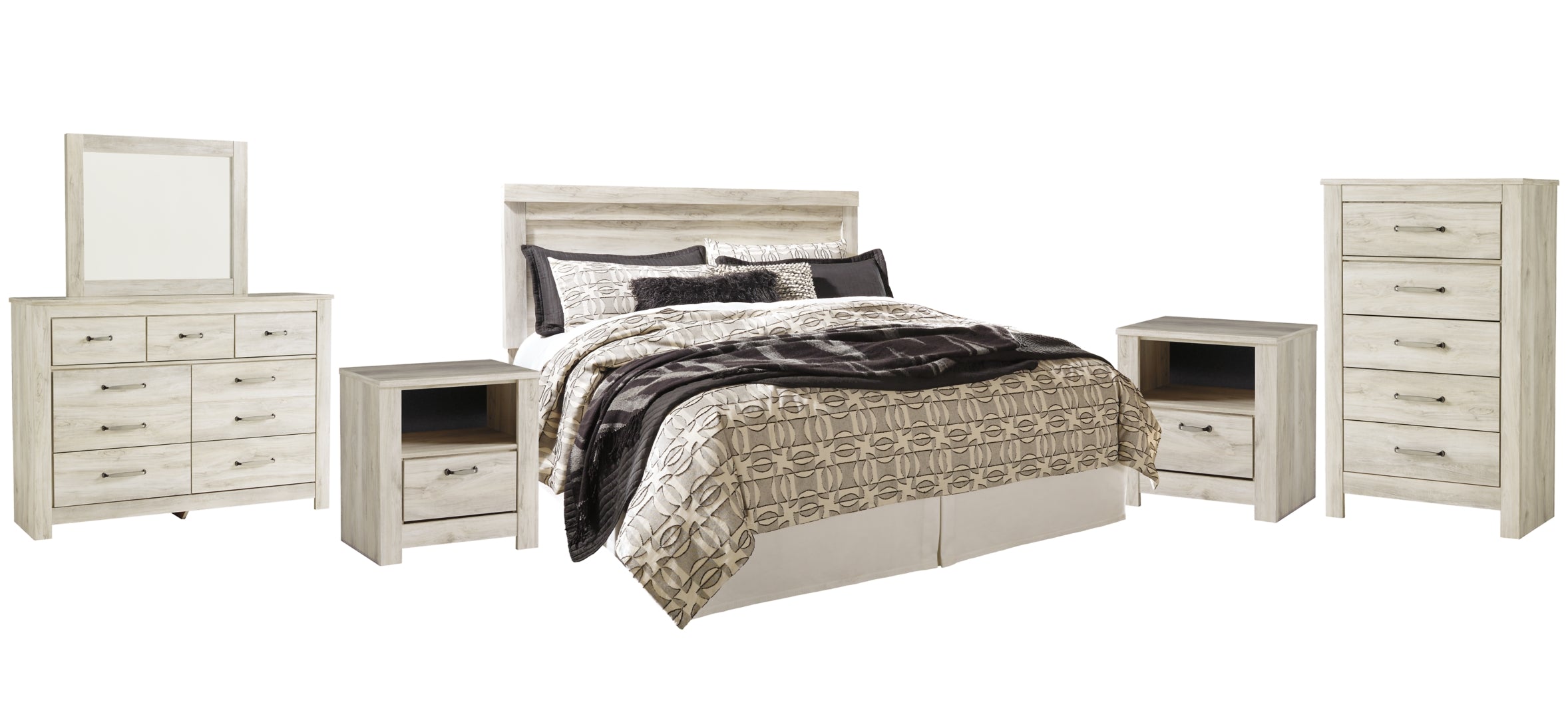 Bellaby King Panel Headboard Bed with Mirrored Dresser, Chest and 2 Nightstands