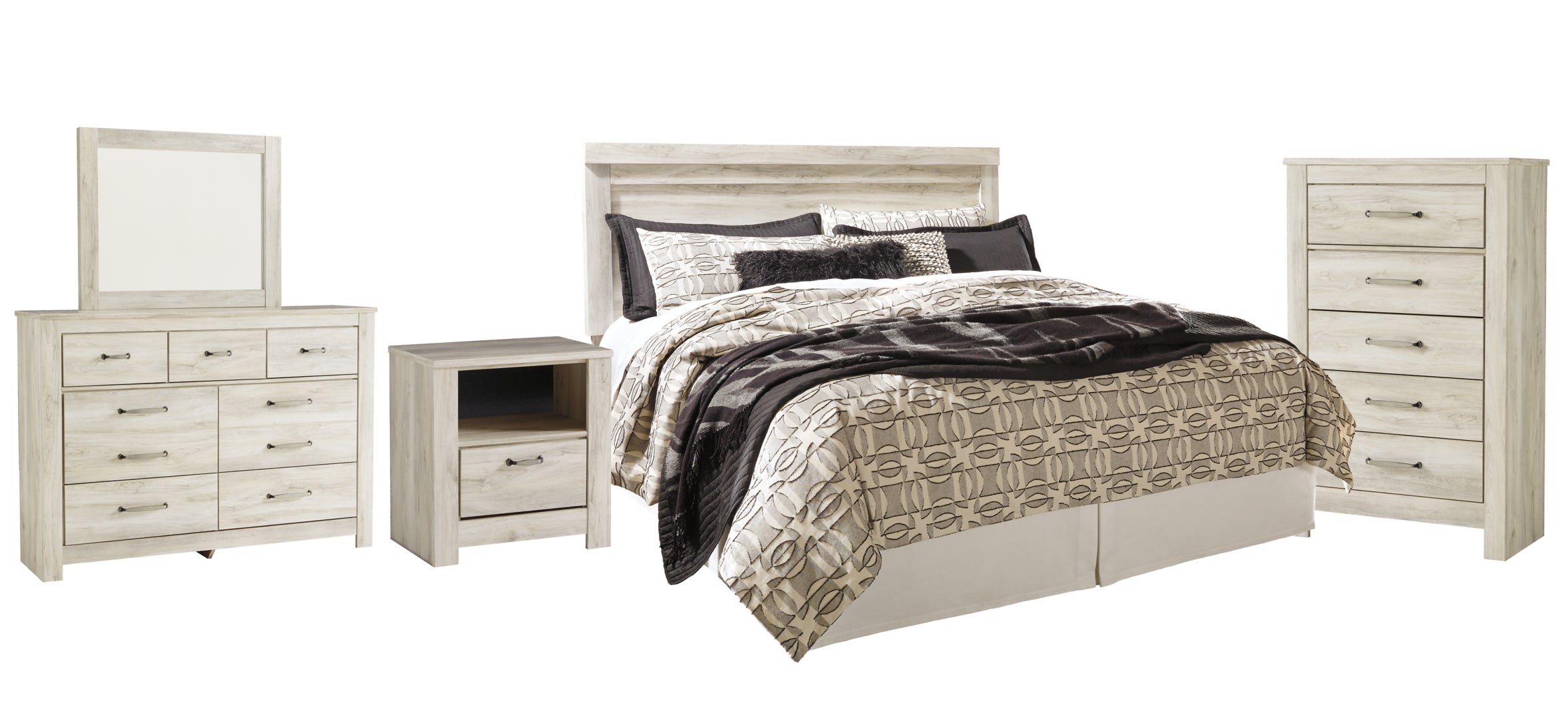 Bellaby King Panel Headboard Bed with Mirrored Dresser, Chest and Nightstand