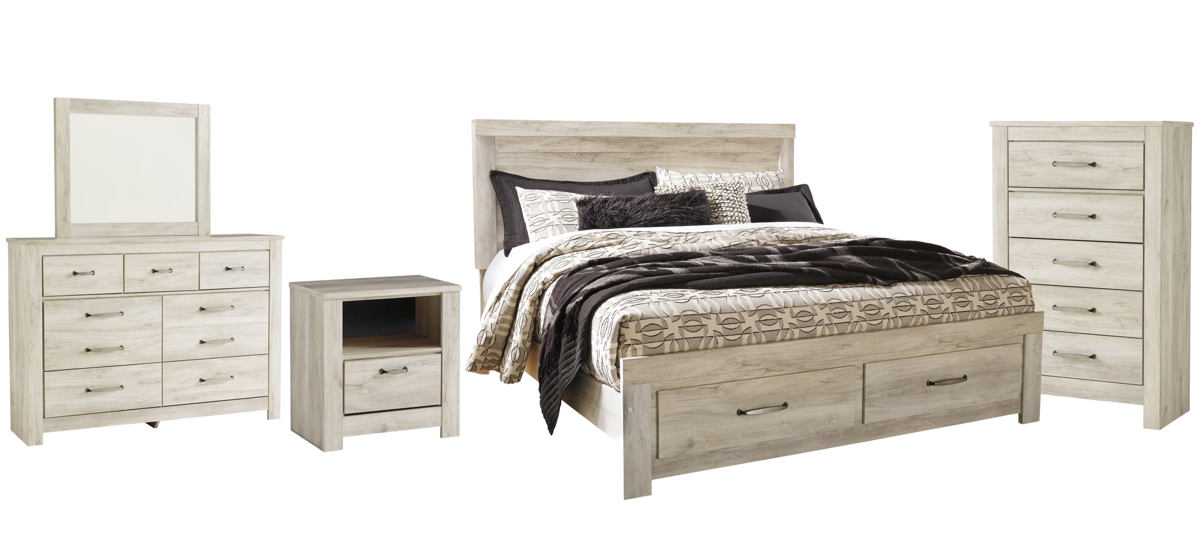 Bellaby King Platform Bed with 2 Storage Drawers with Mirrored Dresser, Chest and Nightstand