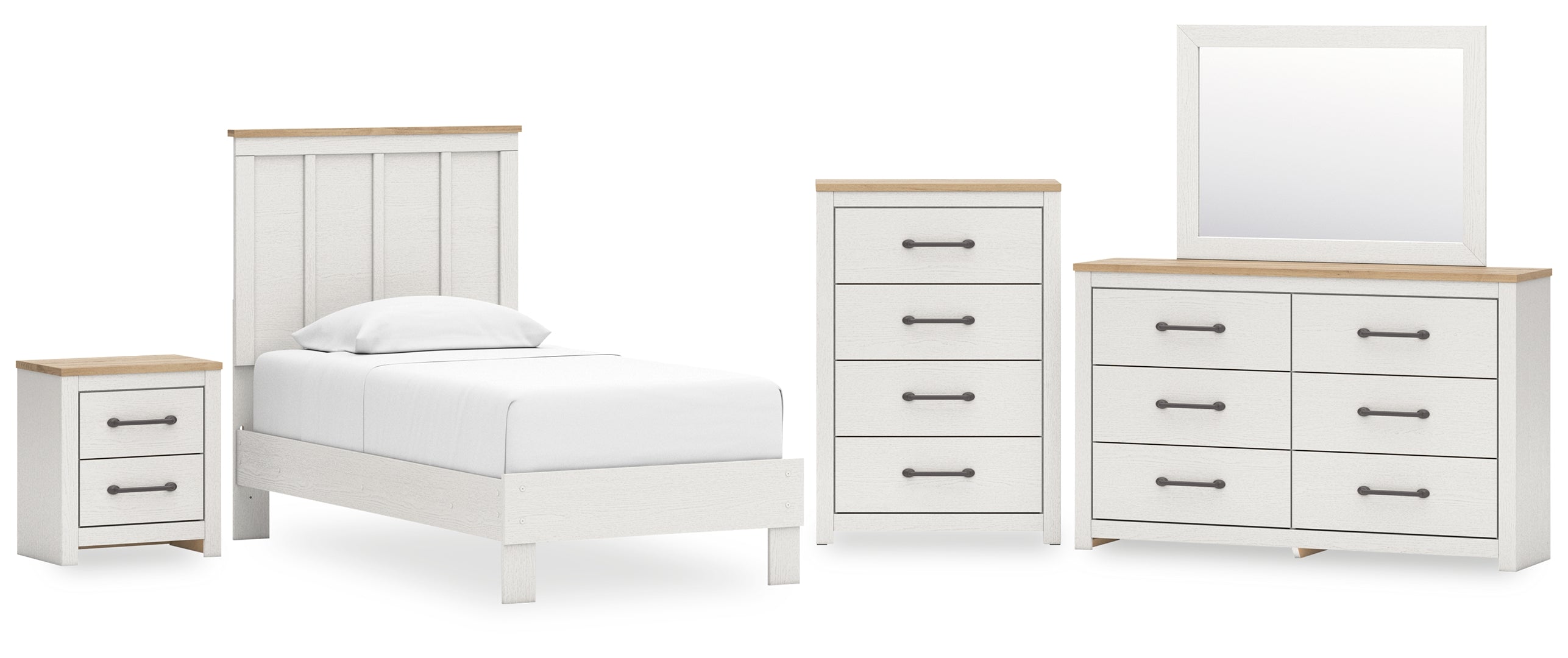 Linnocreek Twin Panel Bed with Mirrored Dresser, Chest and Nightstand