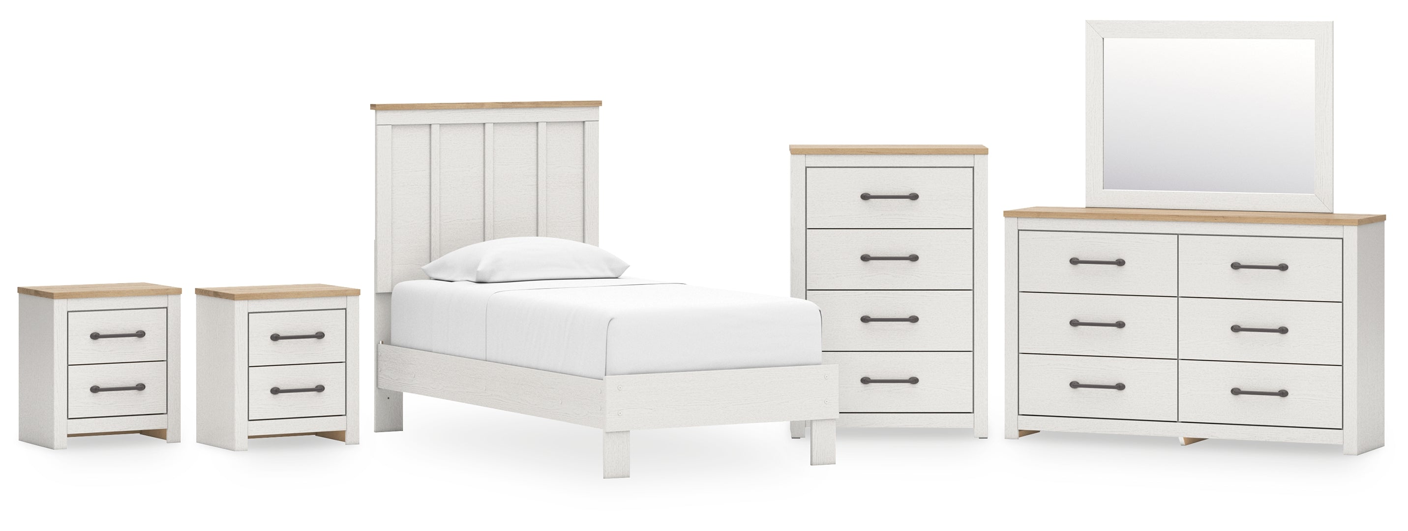 Linnocreek Twin Panel Bed with Mirrored Dresser, Chest and 2 Nightstands