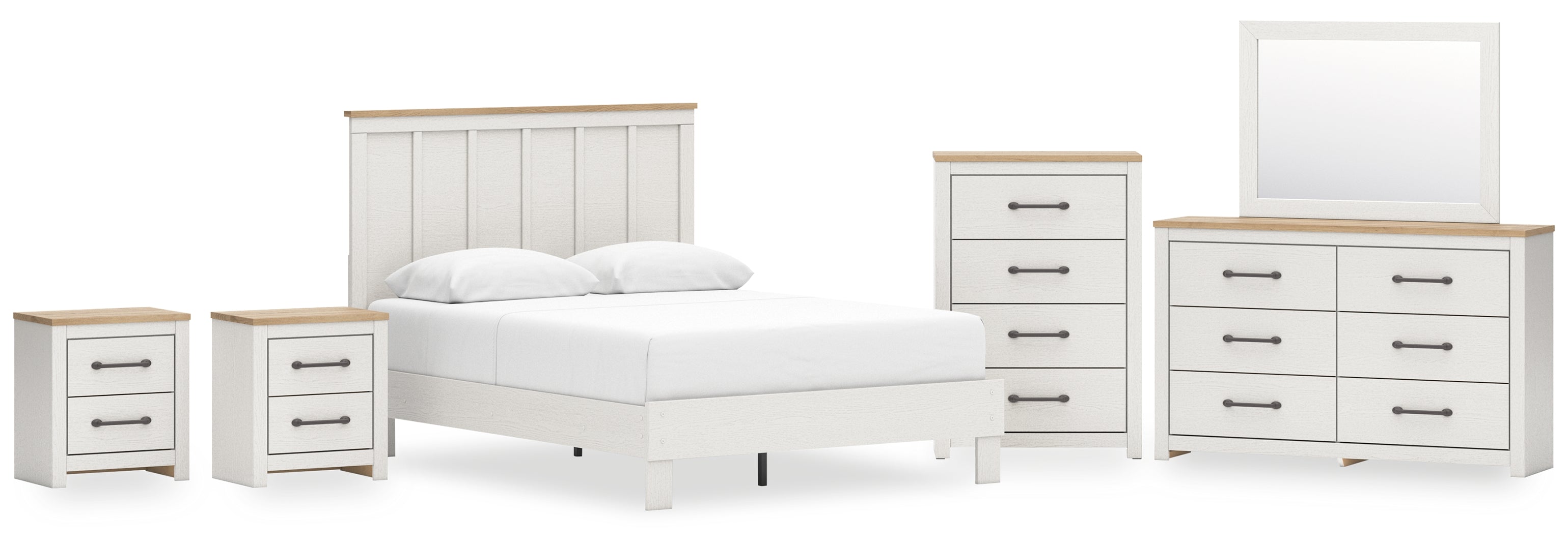 Linnocreek Queen Panel Bed with Mirrored Dresser, Chest and 2 Nightstands