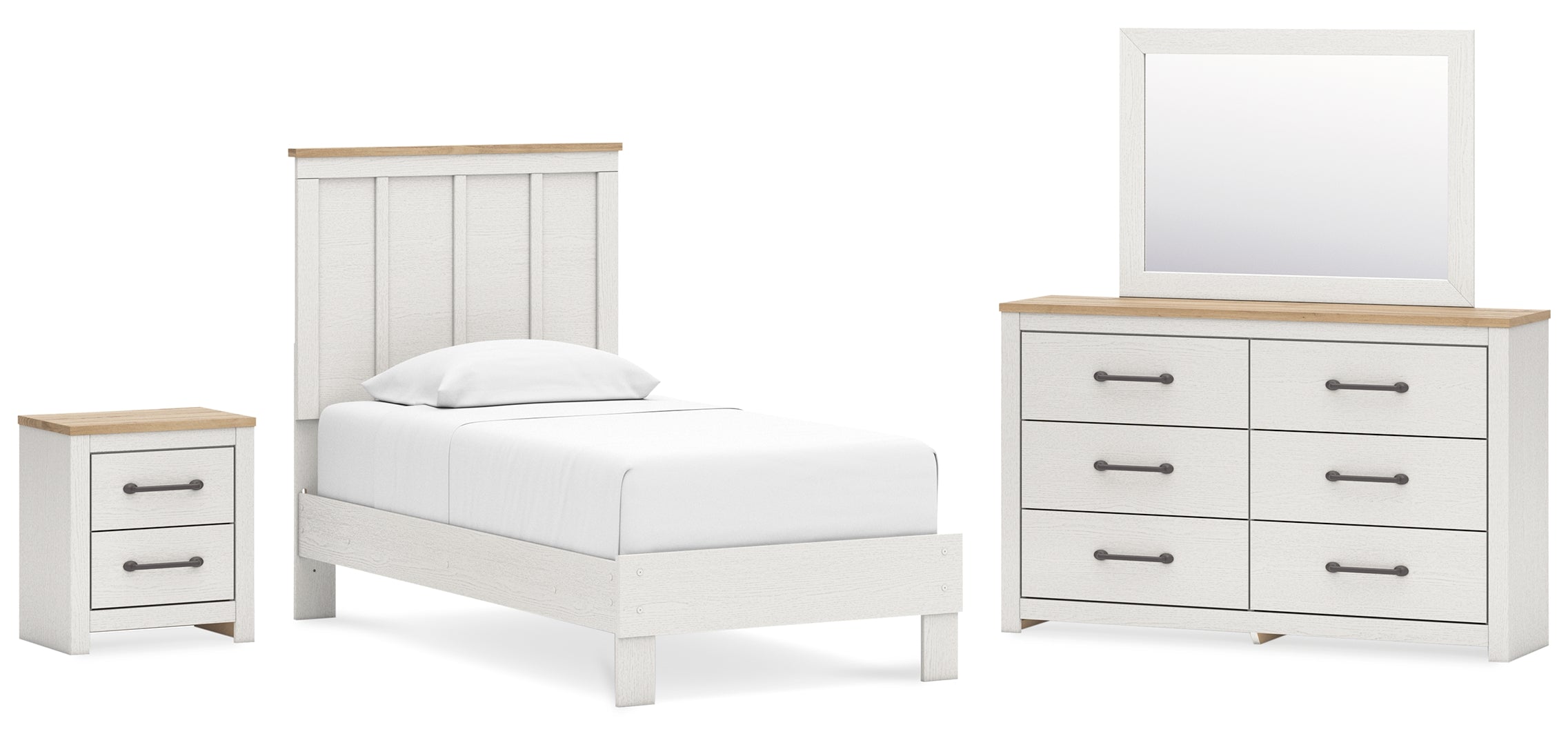 Linnocreek Twin Panel Bed with Mirrored Dresser and Nightstand