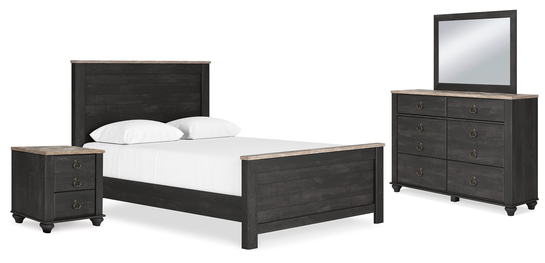 Nanforth Queen Panel Bed with Mirrored Dresser and Nightstand