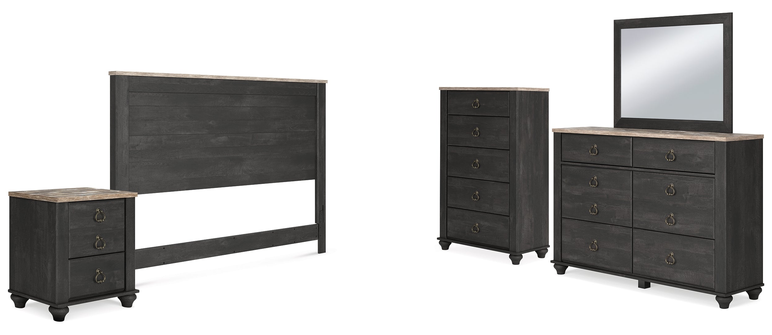 Nanforth King/California King Panel Headboard with Mirrored Dresser, Chest and Nightstand