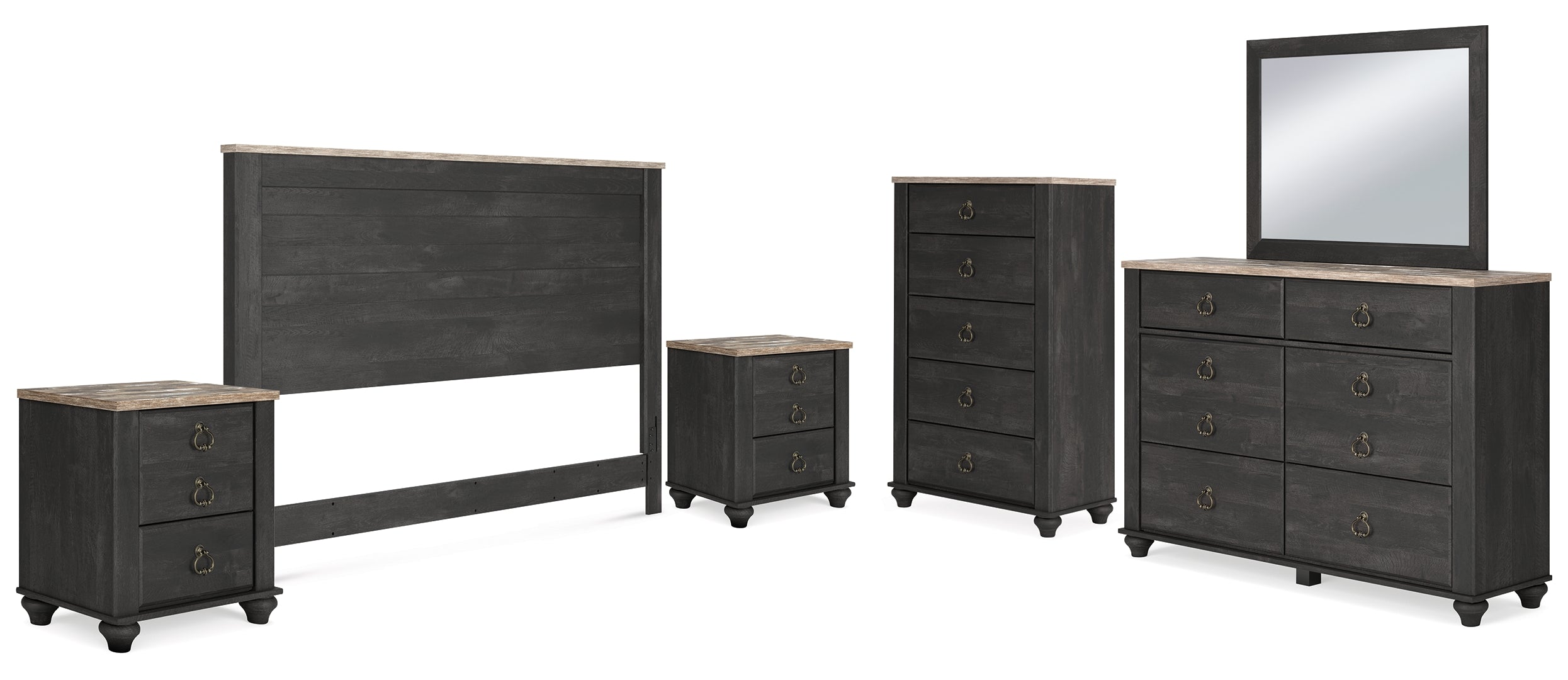 Nanforth King/California King Panel Headboard with Mirrored Dresser, Chest and 2 Nightstands