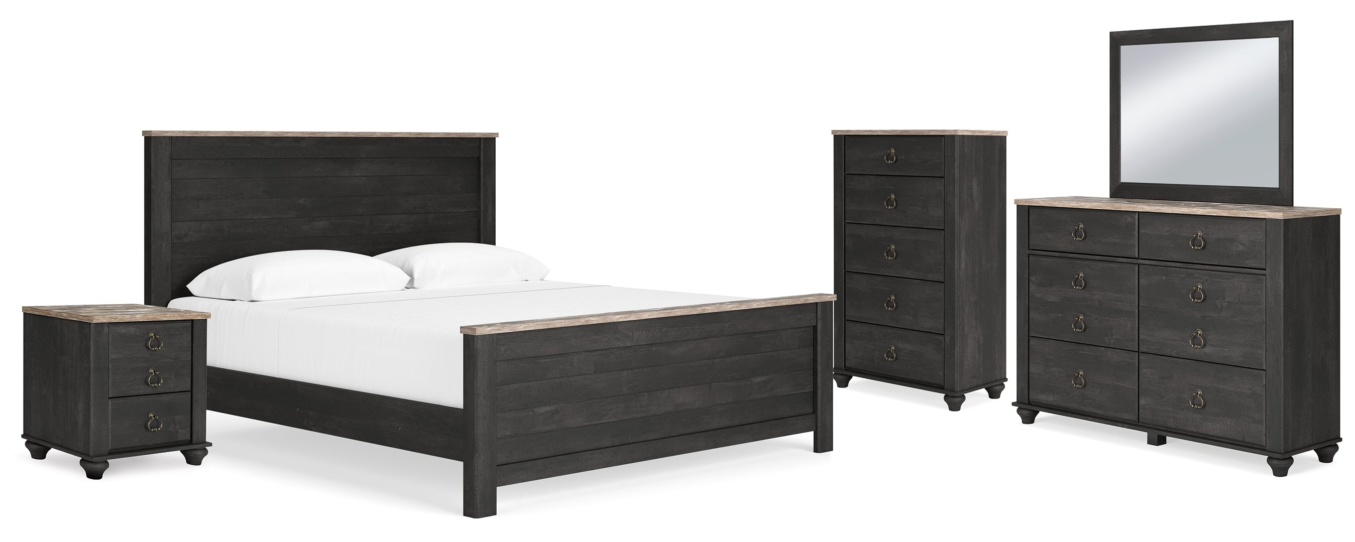 Nanforth King Panel Bed with Mirrored Dresser, Chest and Nightstand