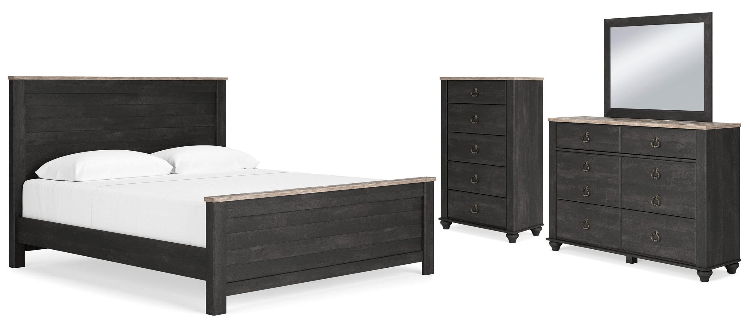 Nanforth King Panel Bed with Mirrored Dresser and Chest