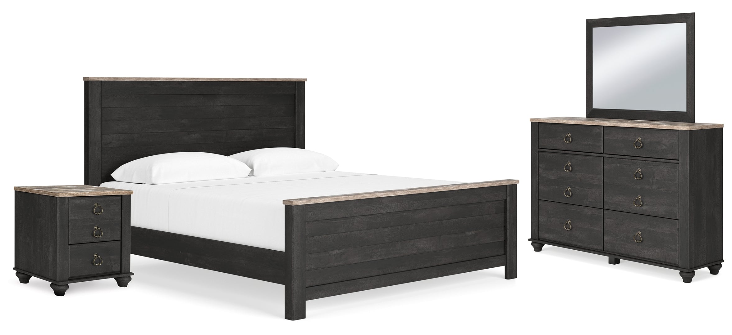 Nanforth King Panel Bed with Mirrored Dresser and Nightstand