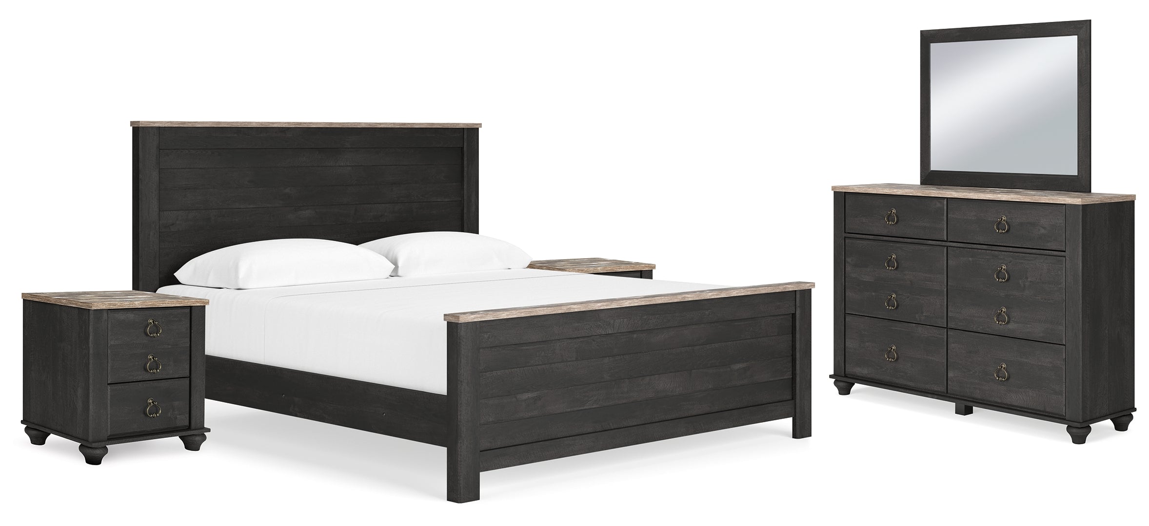 Nanforth King Panel Bed with Mirrored Dresser and 2 Nightstands