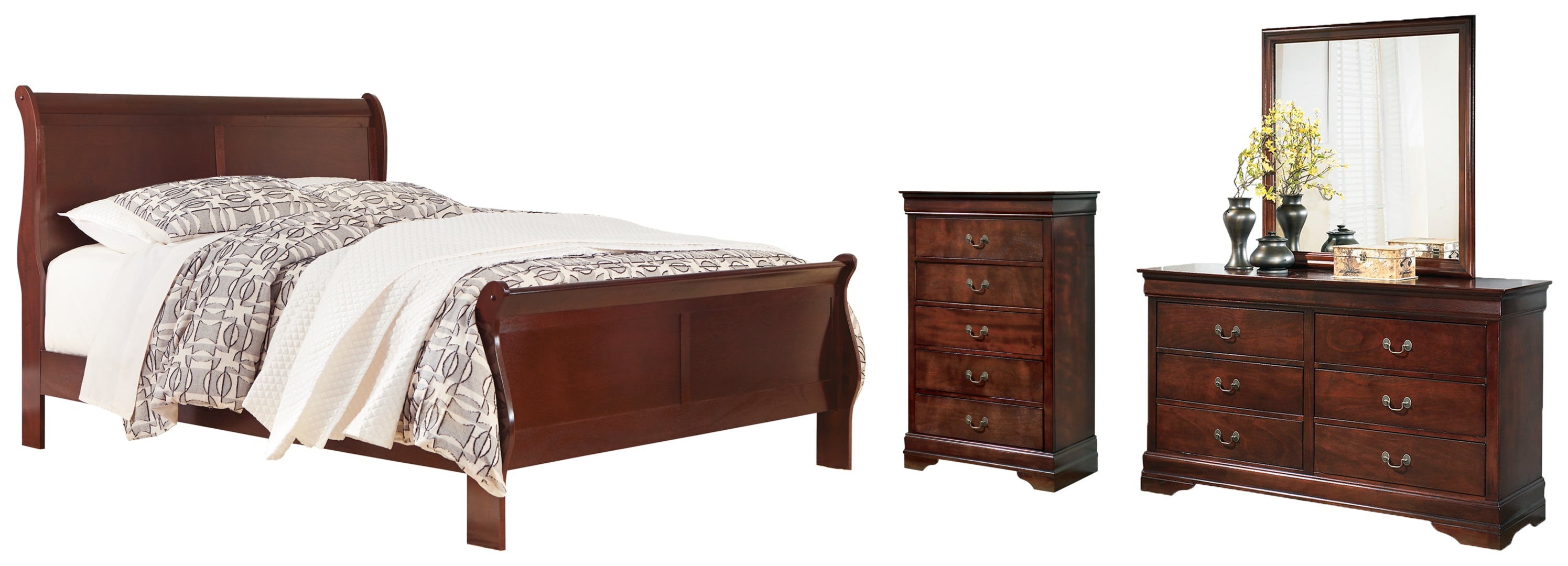 Alisdair California King Sleigh Bed with Mirrored Dresser and Chest