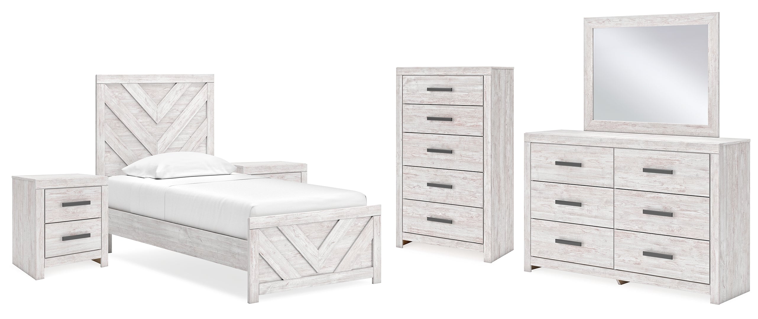 Cayboni Twin Panel Bed with Mirrored Dresser, Chest and 2 Nightstands