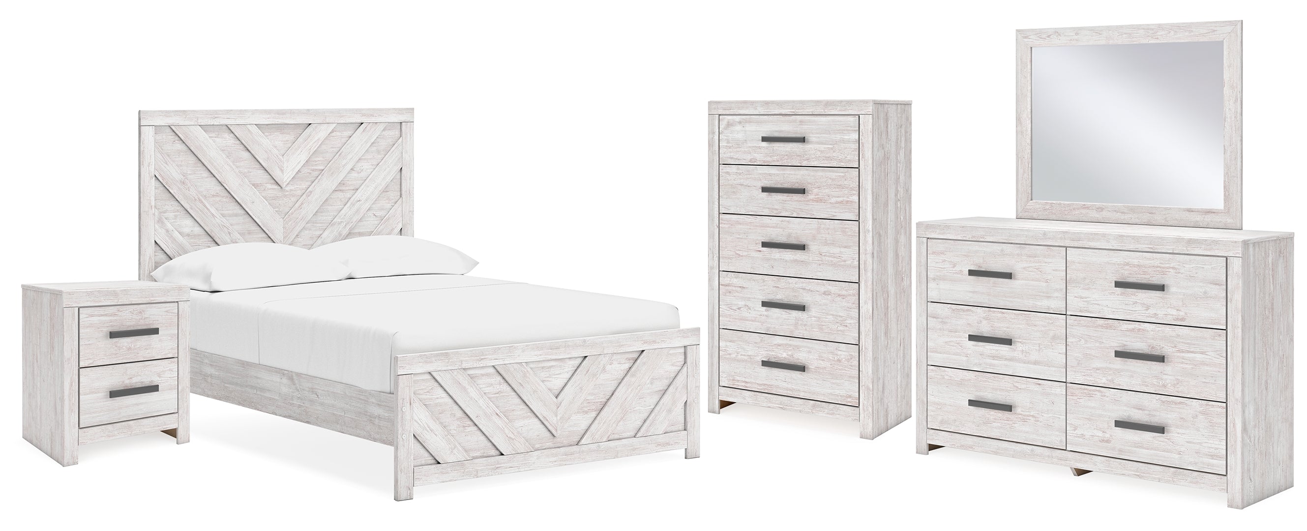 Cayboni Full Panel Bed with Mirrored Dresser, Chest and Nightstand