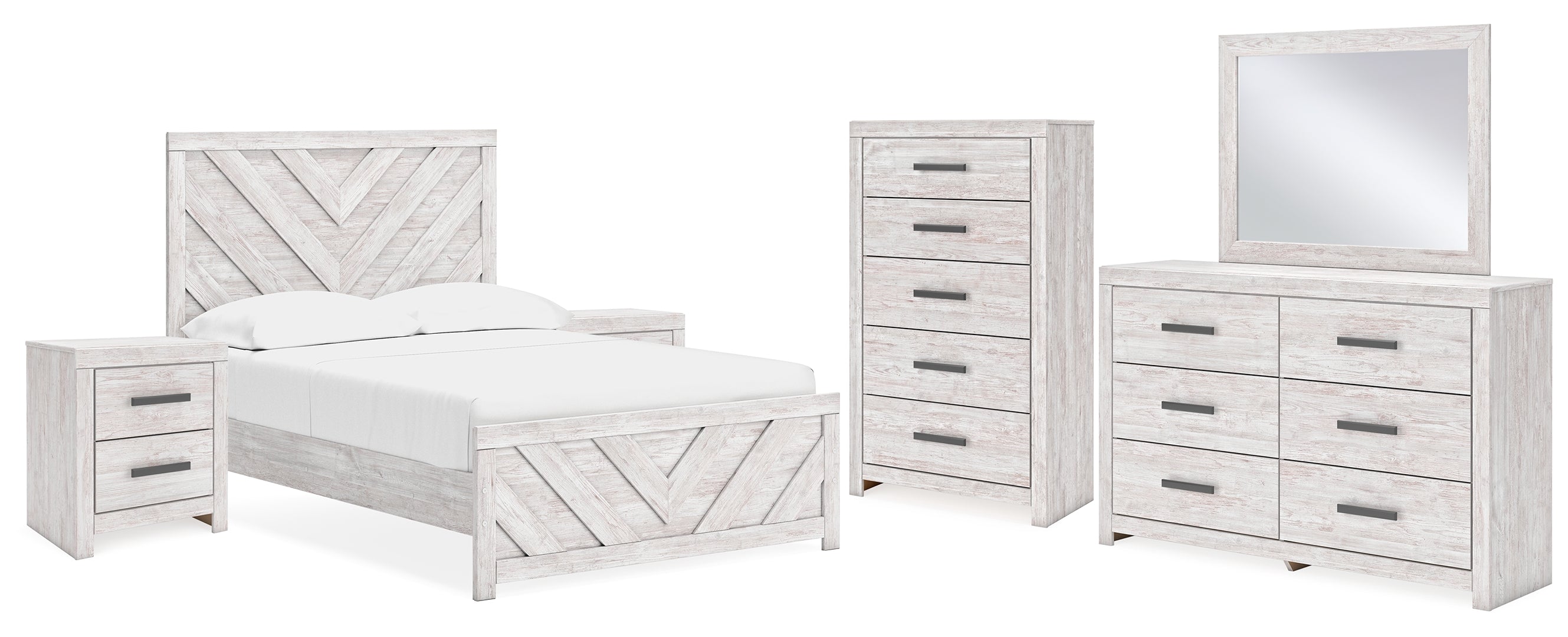 Cayboni Full Panel Bed with Mirrored Dresser, Chest and 2 Nightstands