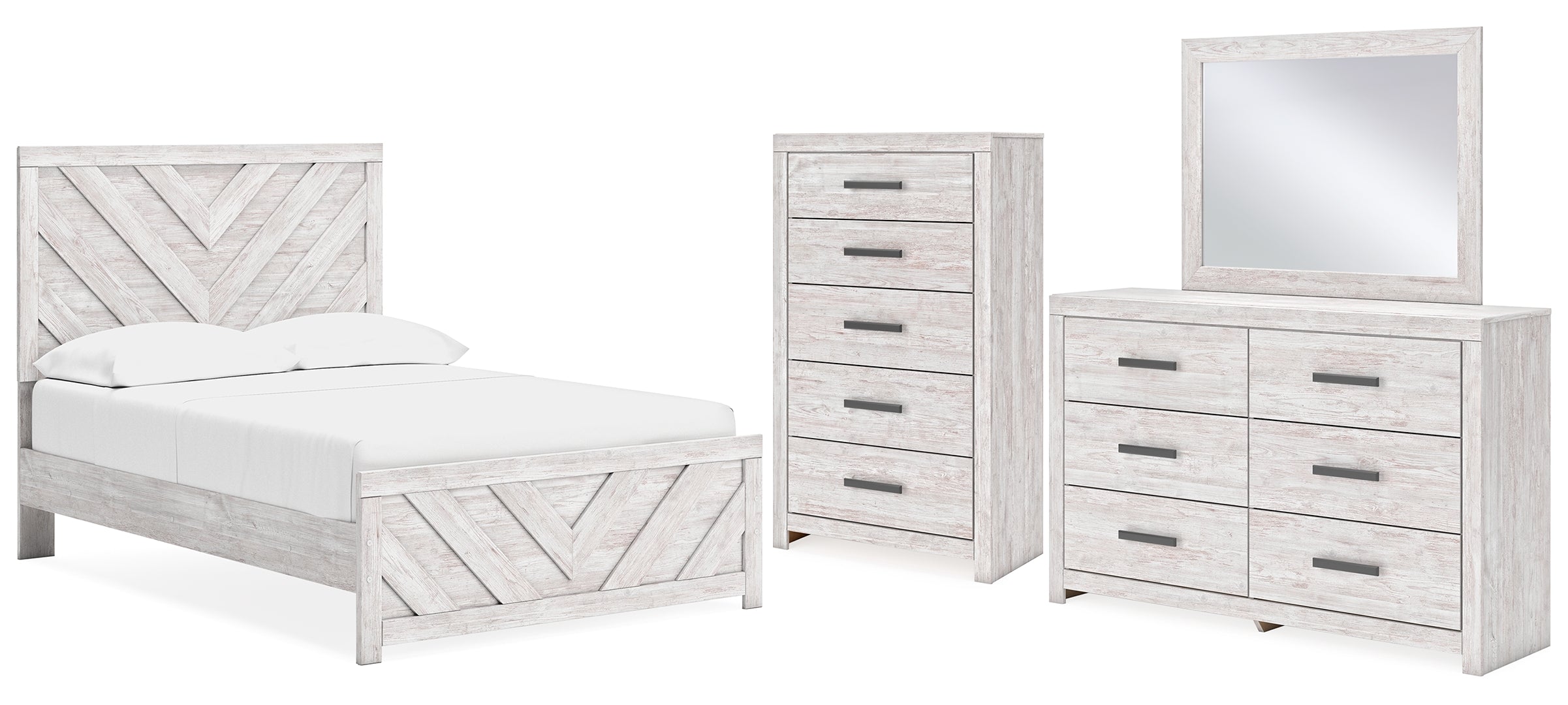 Cayboni Full Panel Bed with Mirrored Dresser and Chest