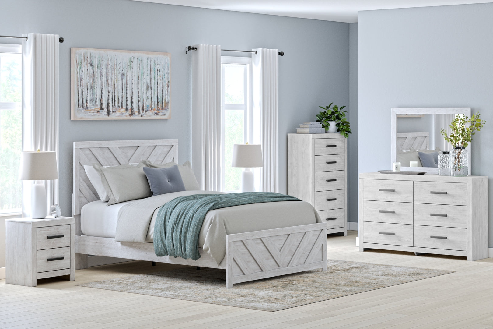 Cayboni Queen Panel Bed with Mirrored Dresser, Chest and 2 Nightstands