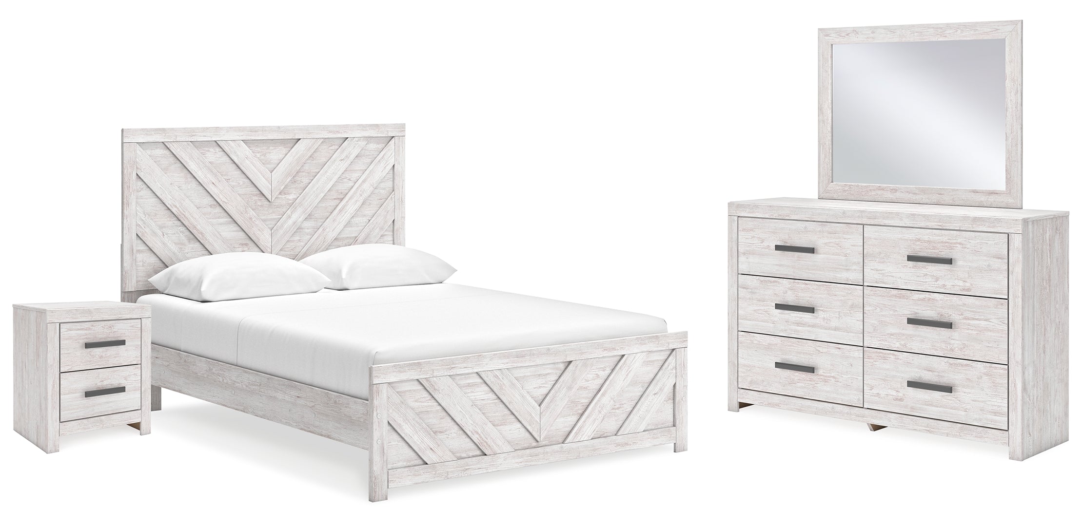 Cayboni Queen Panel Bed with Mirrored Dresser and Nightstand