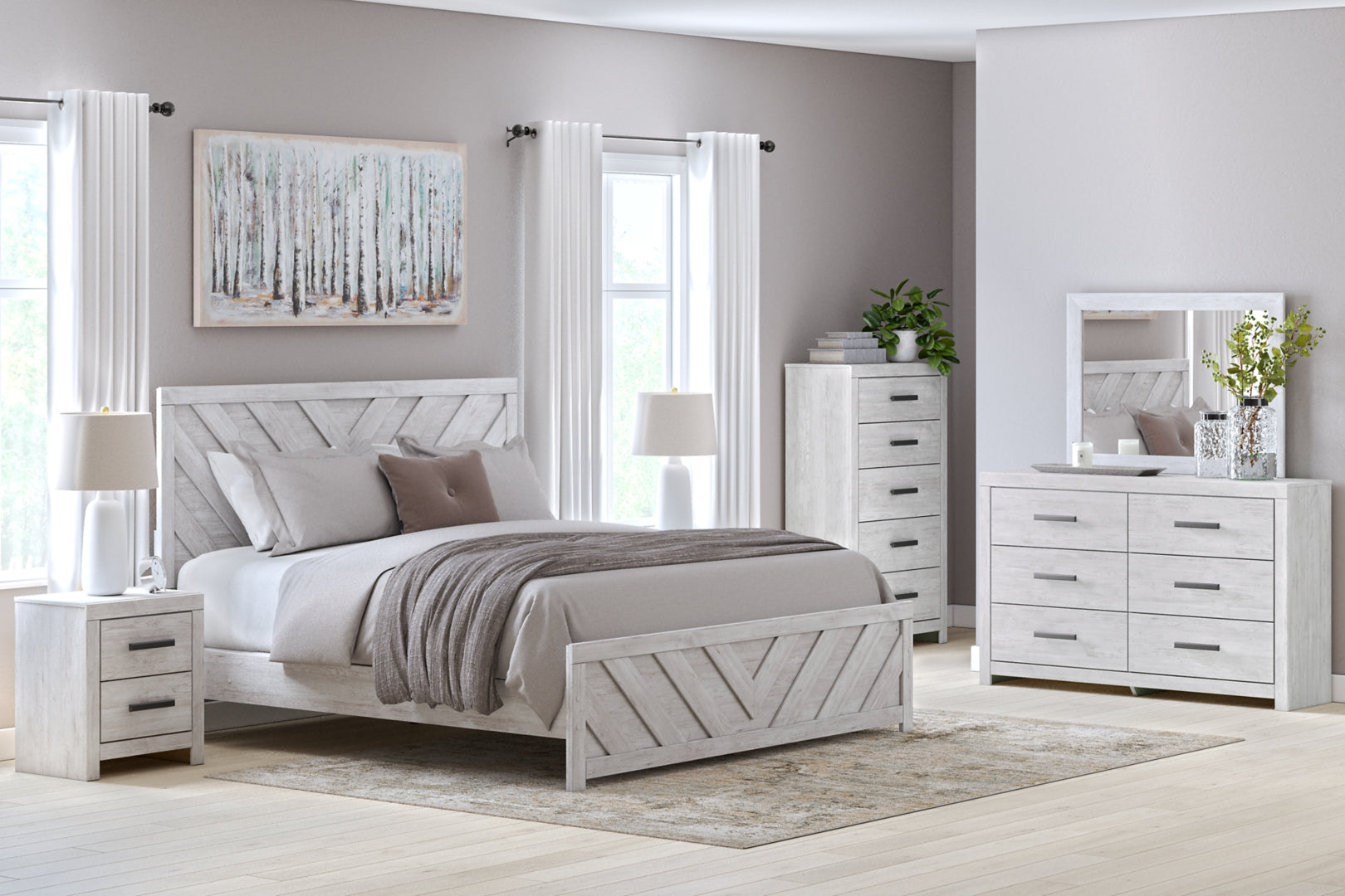 Cayboni King Panel Bed with Mirrored Dresser, Chest and 2 Nightstands