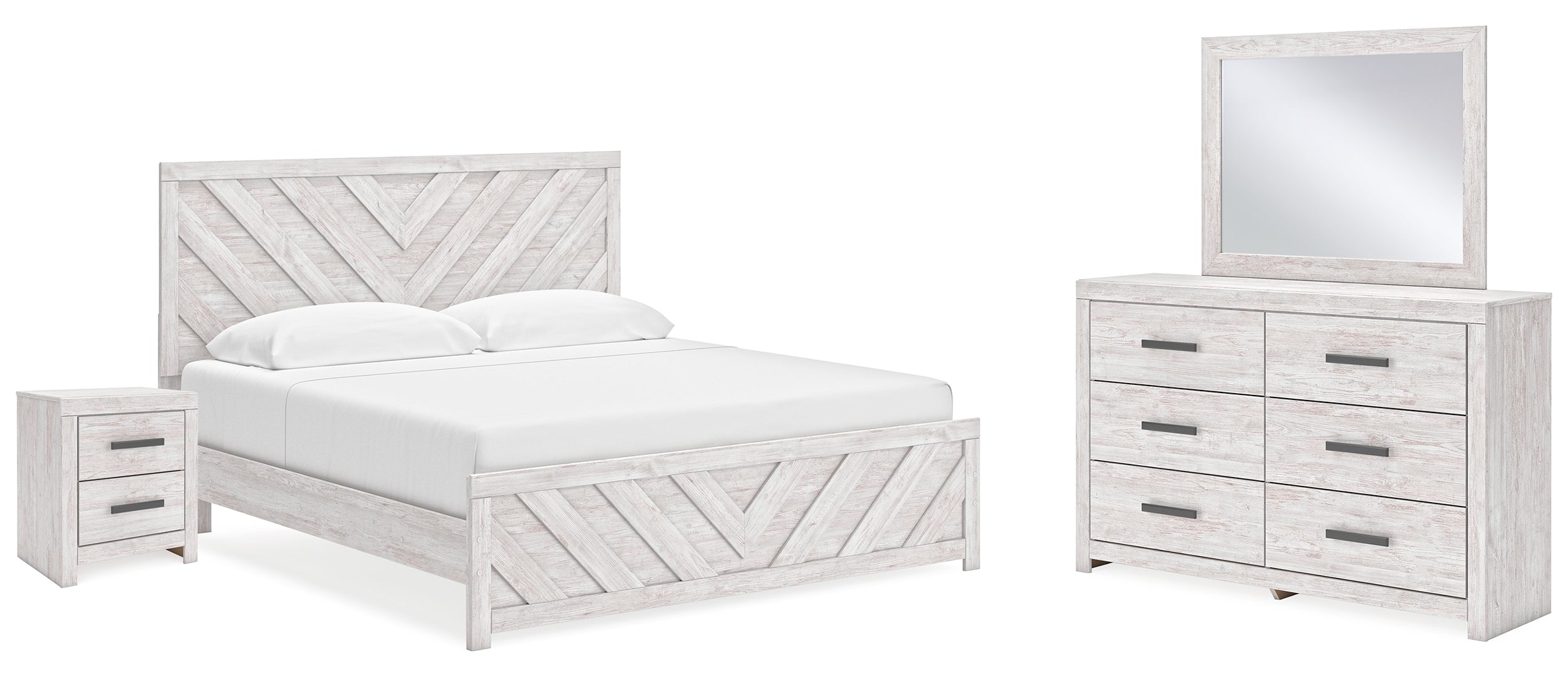 Cayboni King Panel Bed with Mirrored Dresser and Nightstand